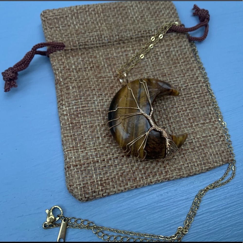 Tigers Eye Necklace Tigers Eye Moon with Gold Plated Stainless Steel Chain